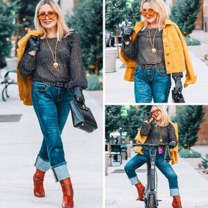 Cabi Sinatra Black and White Polka Dot Ruffle Sheer Long Sleeve Blouse